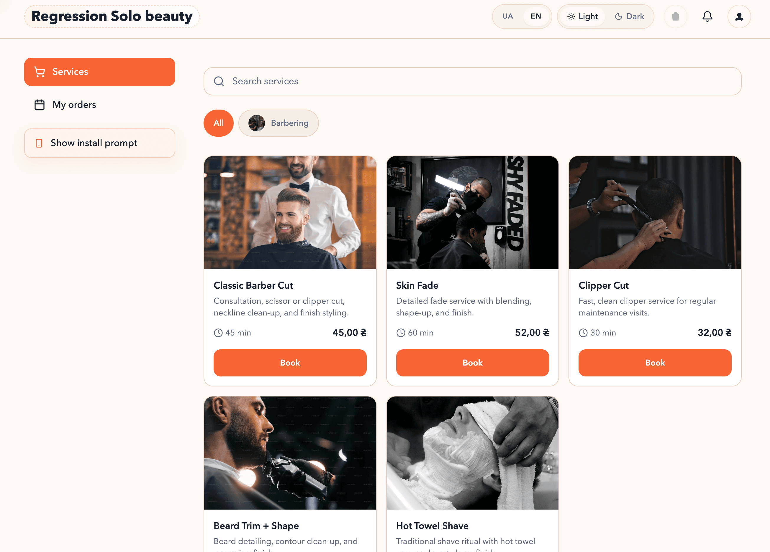 Desktop barbershop booking preview